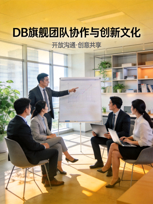 DB旗舰团队协作与创新文化展示：员工在现代化办公空间讨论